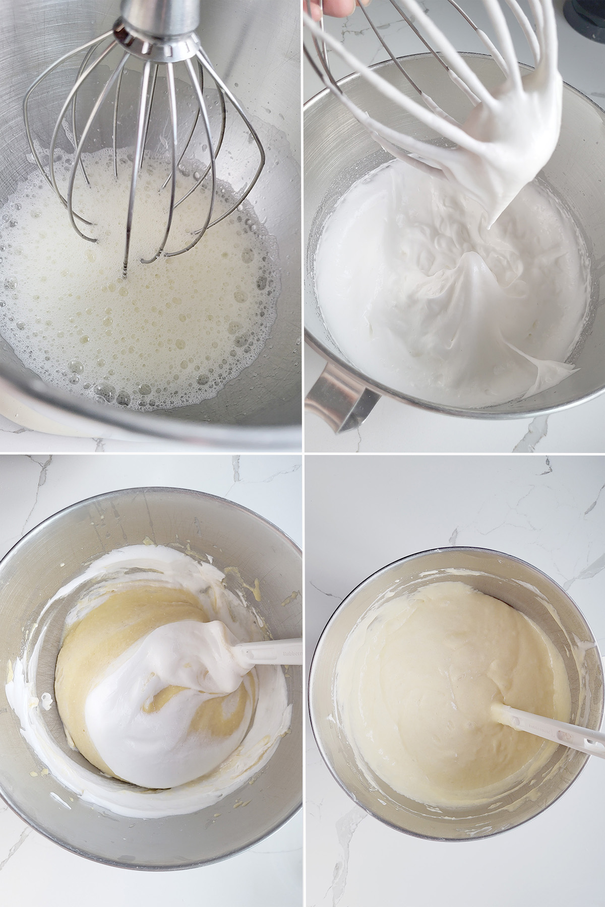 egg whites whipped in a bowl. egg whites folded into cake batter in a mixing bowl.