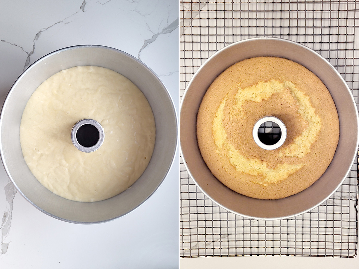 coconut chiffon cake before and after baking. 
