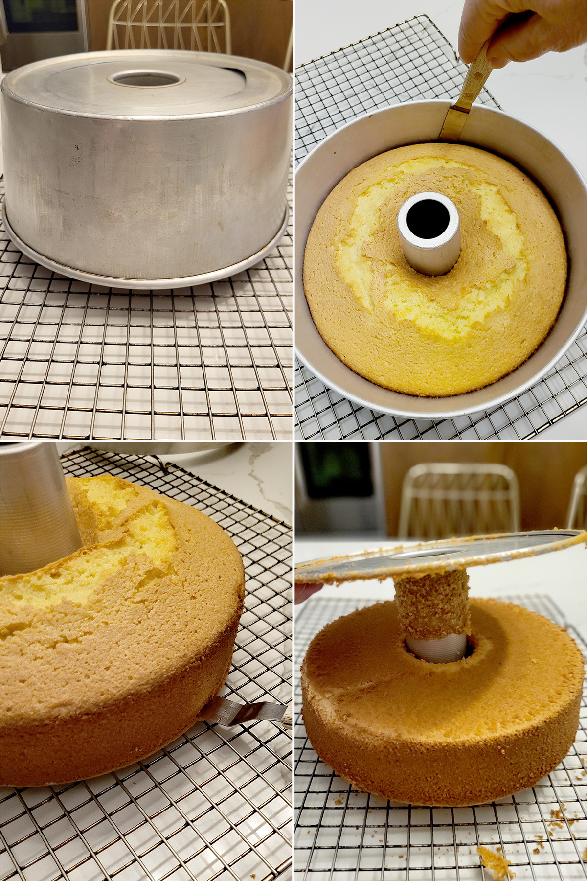 a coconut chiffon cake cooling upside down and turned out of pan.