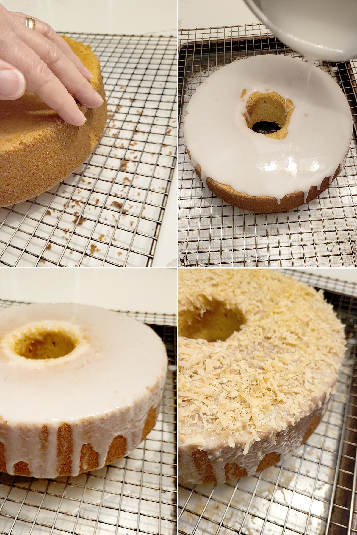 a cake on a cooling rack being covered with glaze.