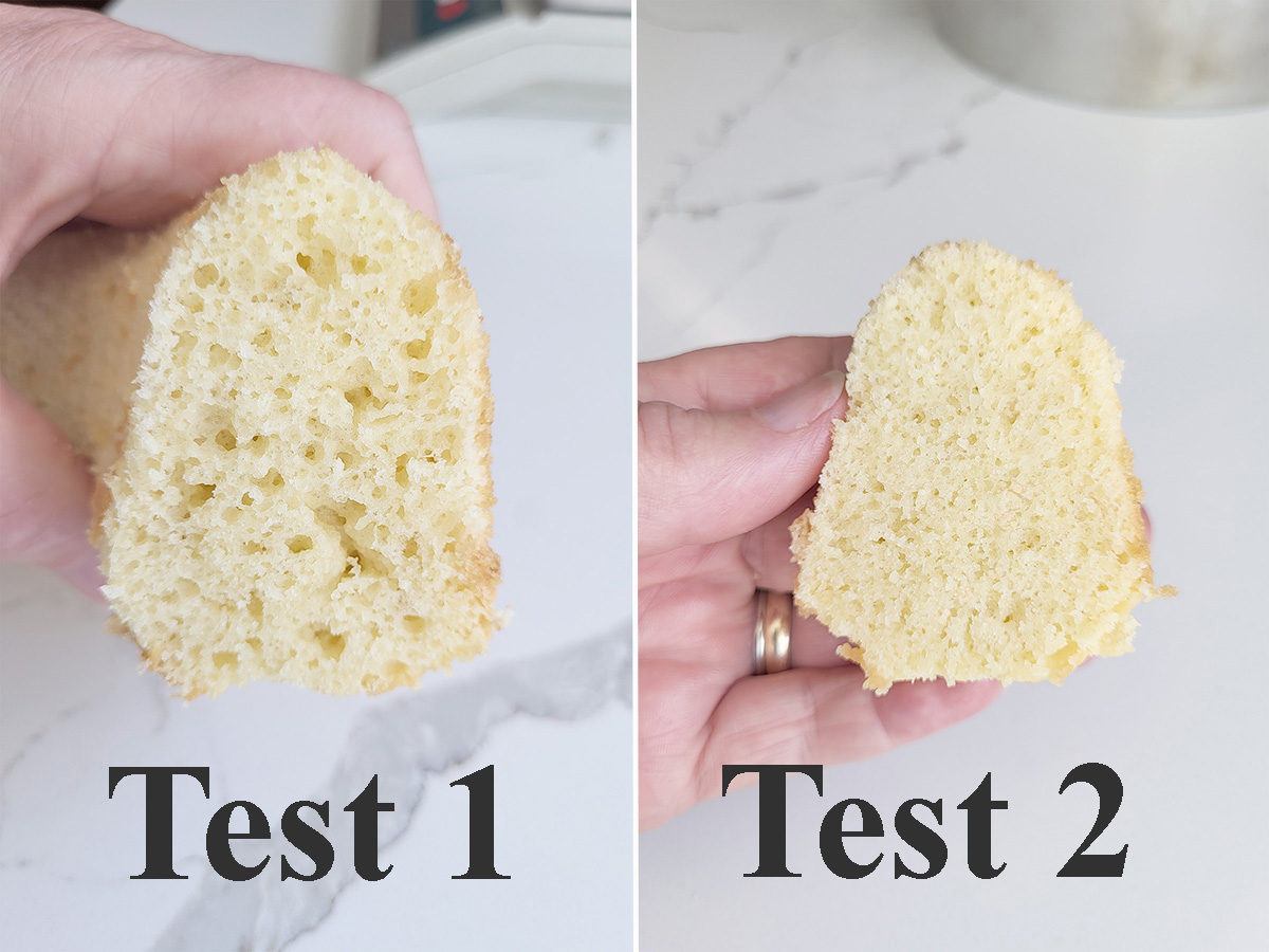 two photos of a hand holding a slice of coconut chiffon cake.
