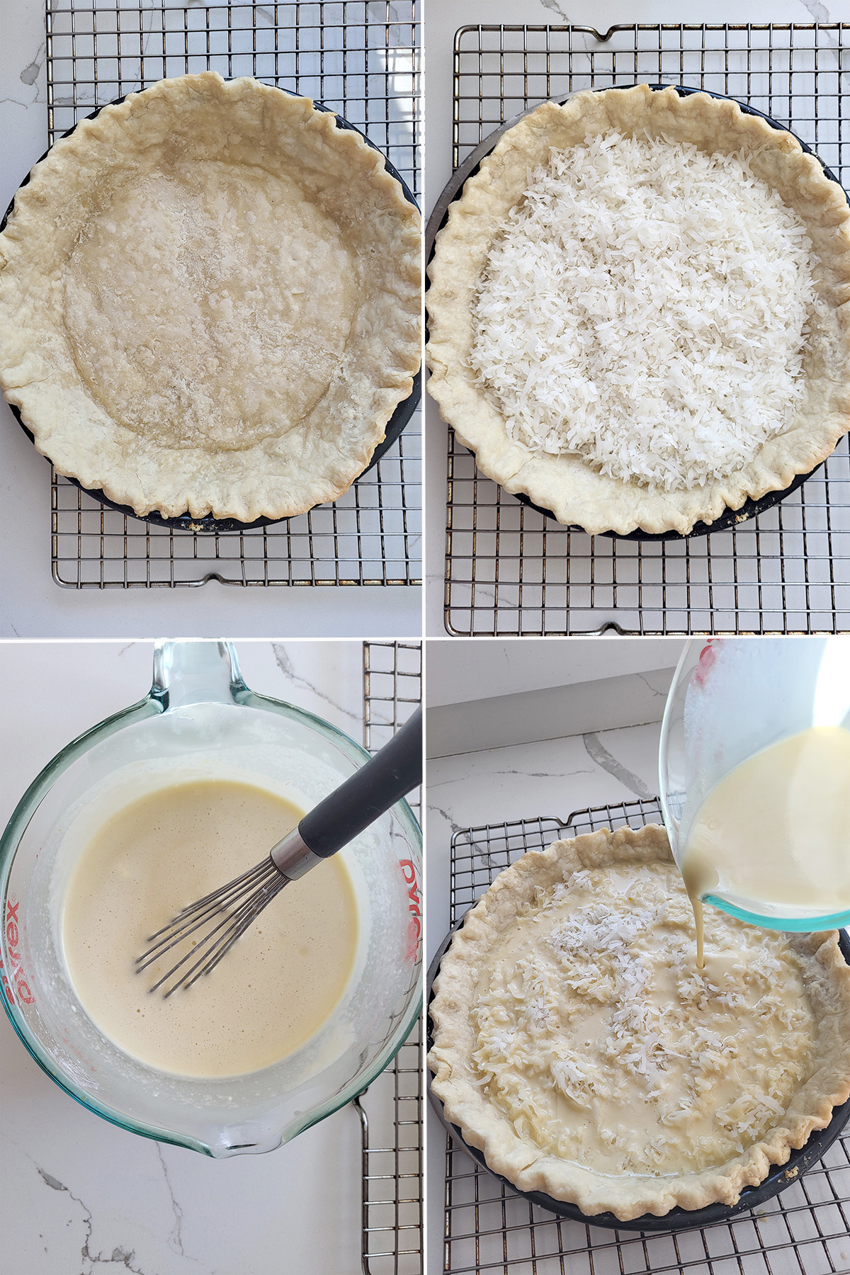 a par baked pie shell filled with coconut and then with custard.