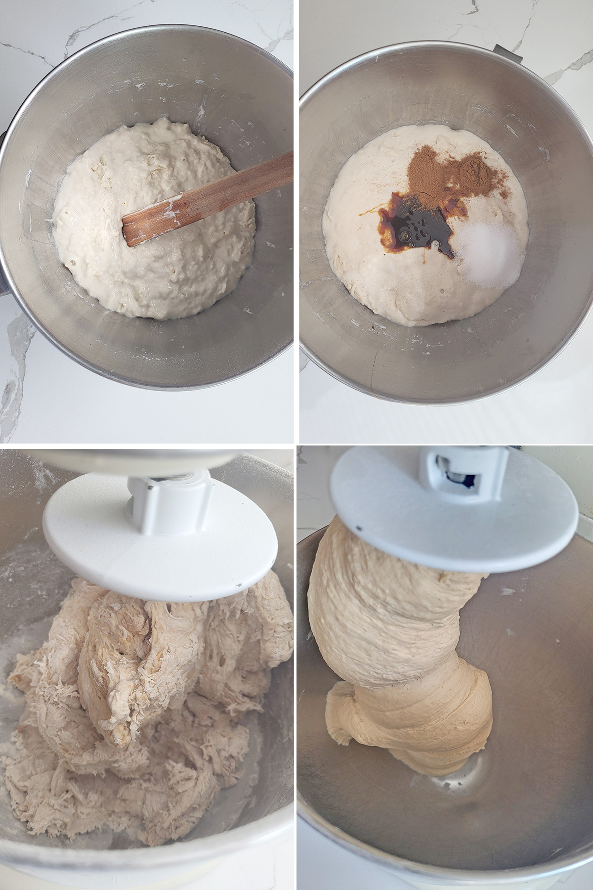 Sourdough starter in a bowl. Sourdough bagel dough in a bowl with a hook attachment. 
