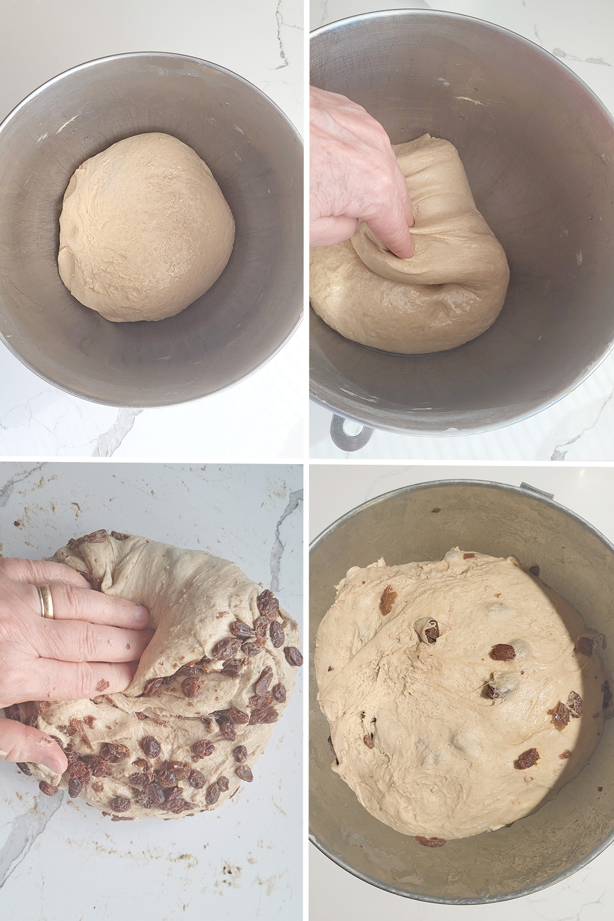Sourdough bagel dough with raisins added in a bowl.