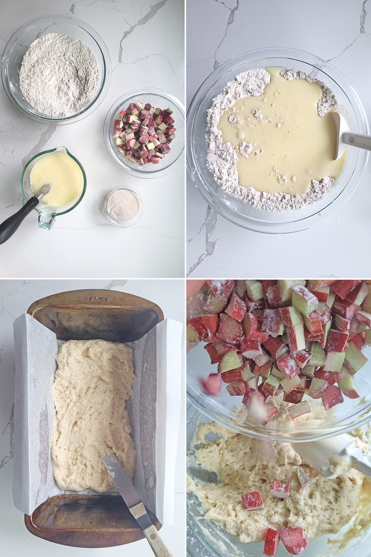 prepared components for rhubarb quick bread in glass bowls and in a pan.