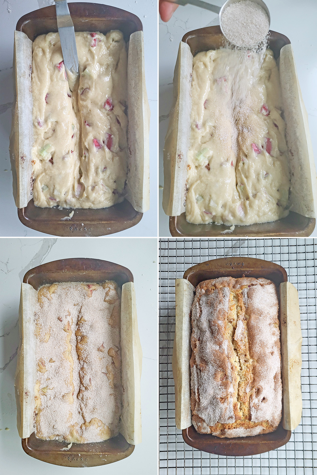 rhubarb quickbread batter in a pan before and after baking.