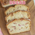 a pinterest image for rhubarb bread recipe with text overlay