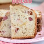 a pinterest image for rhubarb quick bread with text overlay.