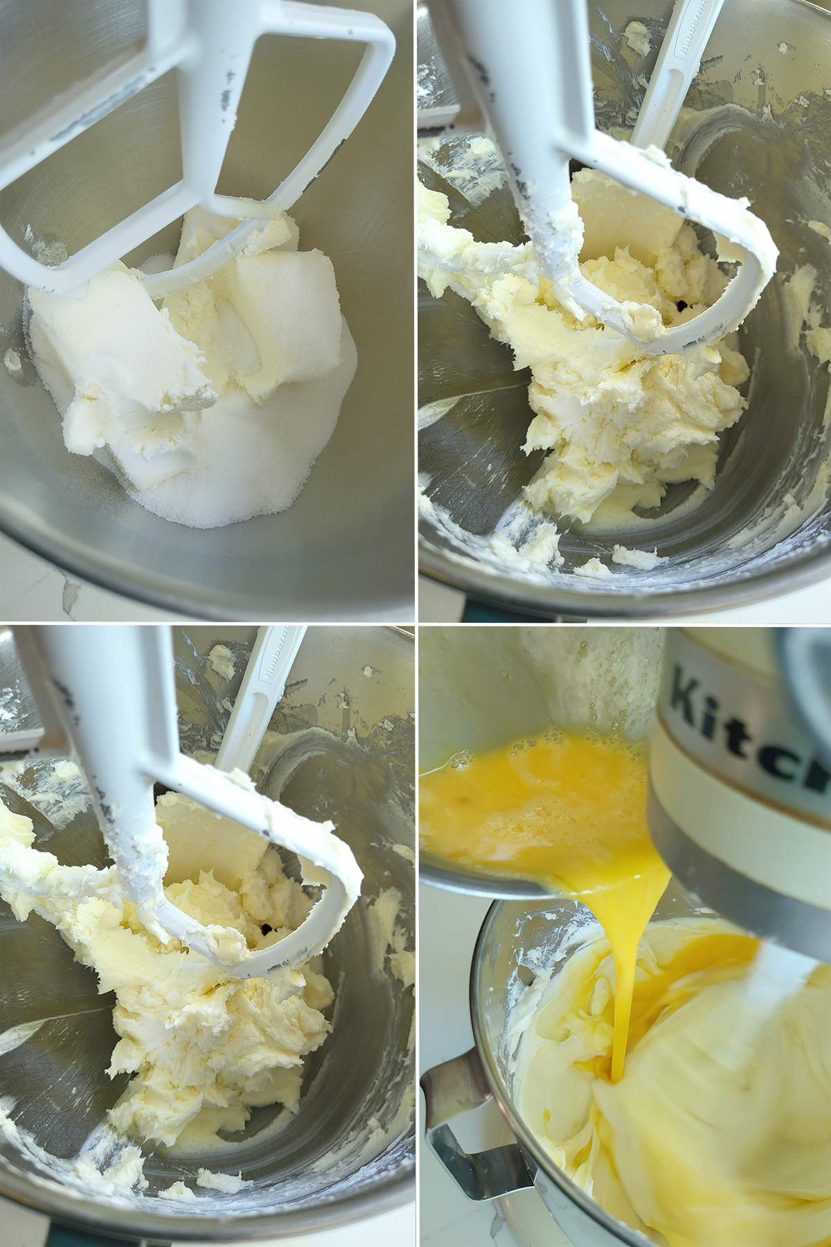 crean cheese, sugar and eggs in a mixing bowl.