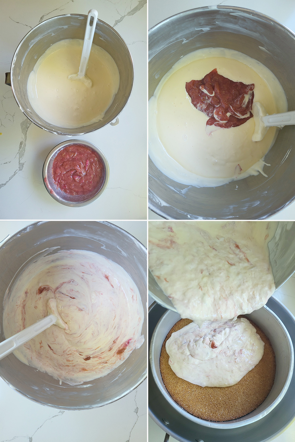 cheesecake batter and rhubarb compote folded in a mixing bowl.