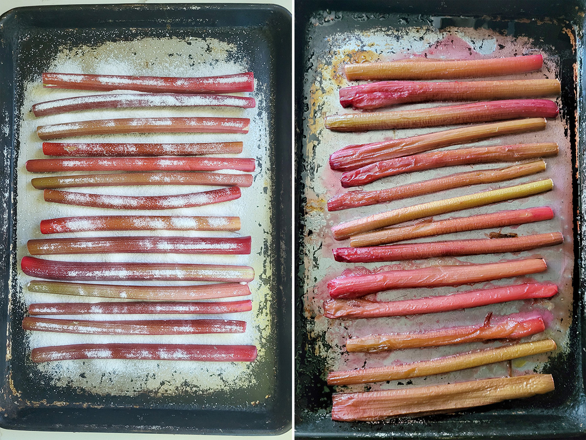 rhubarb on a sheet pan before and after roasting.
