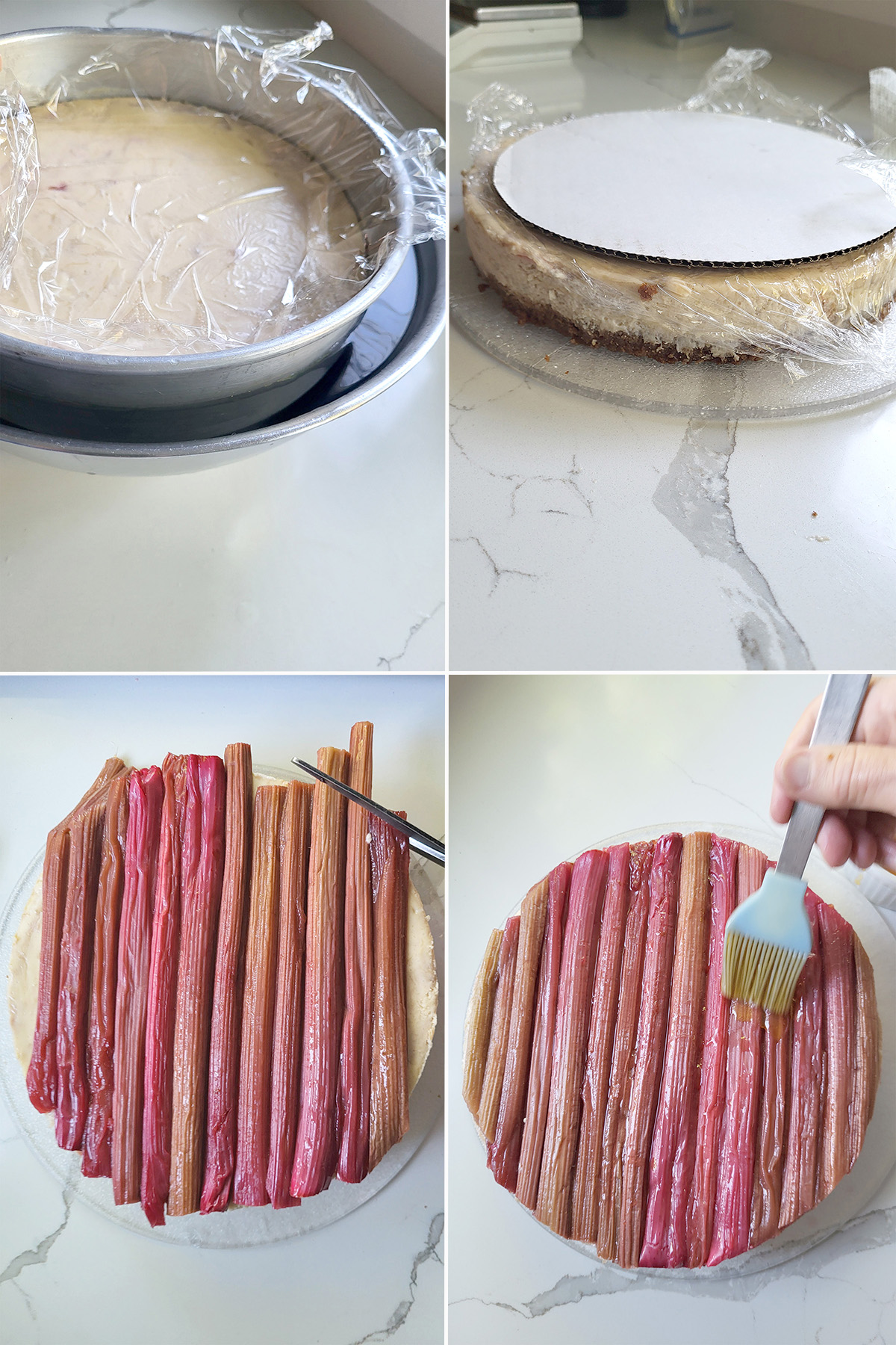 cheesecake flipped on a plate. rhubarb arranged on a cheesecake.