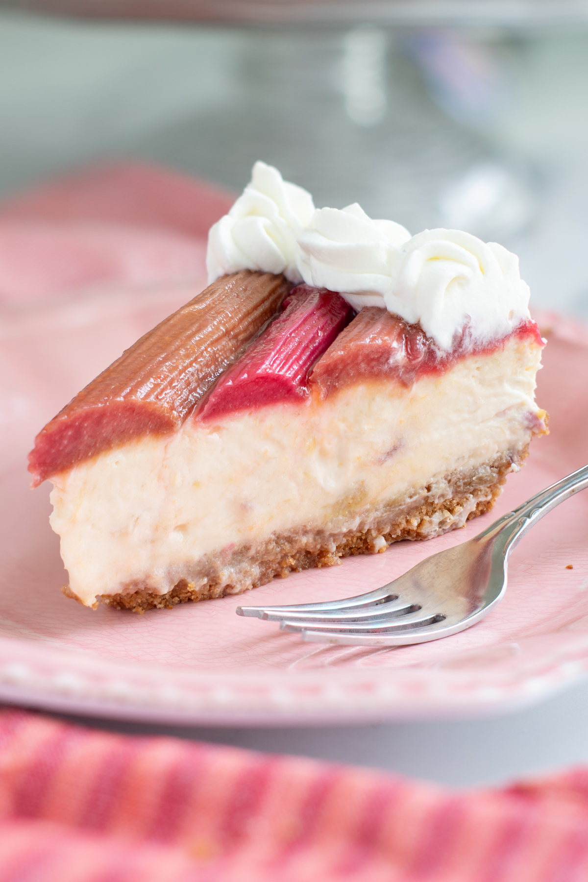 a slice of rhubarb cheesecake on a pink plate.