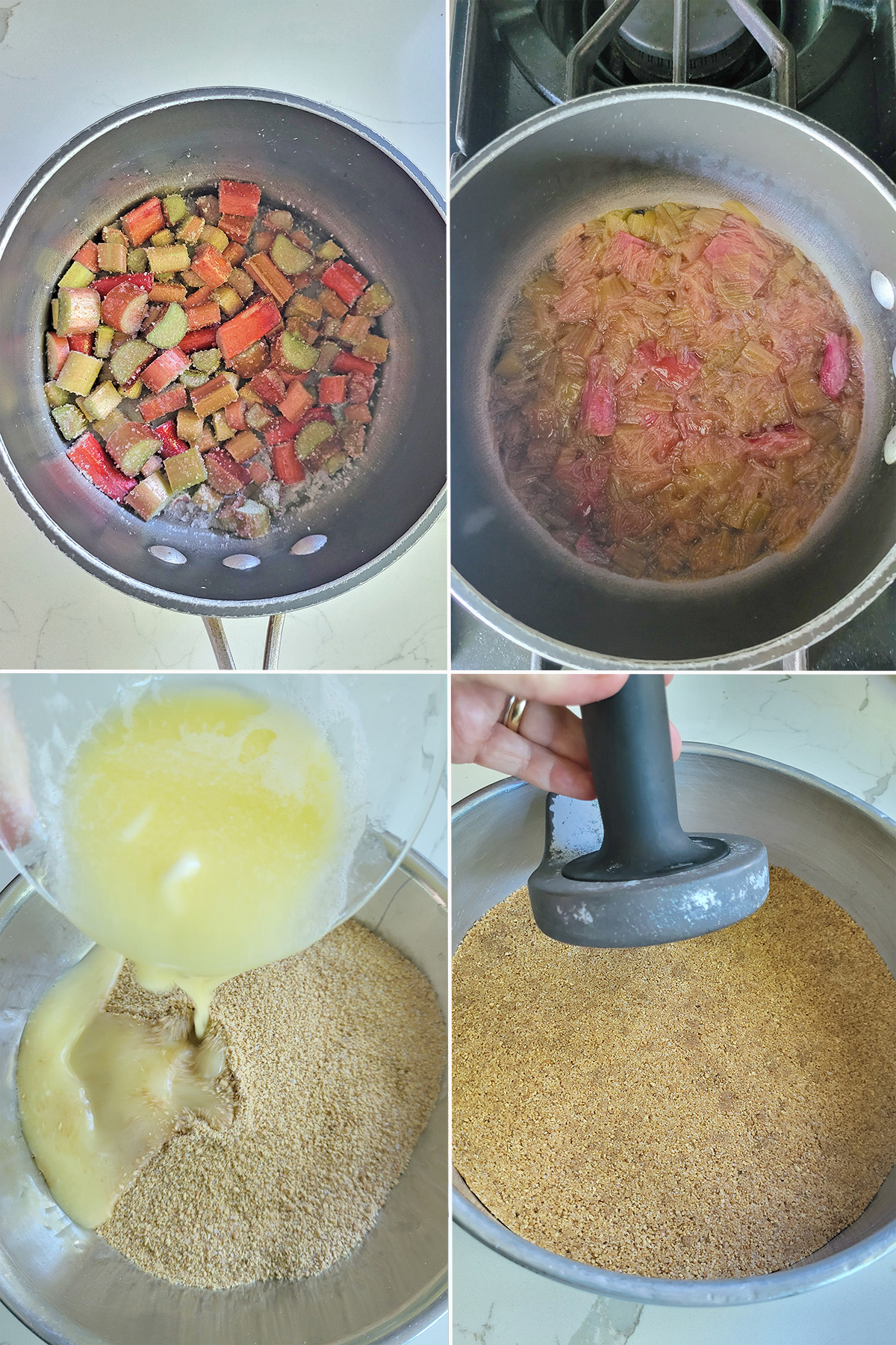 chopped rhubarb in a sauce pan. Graham cracker crust in cake pan.