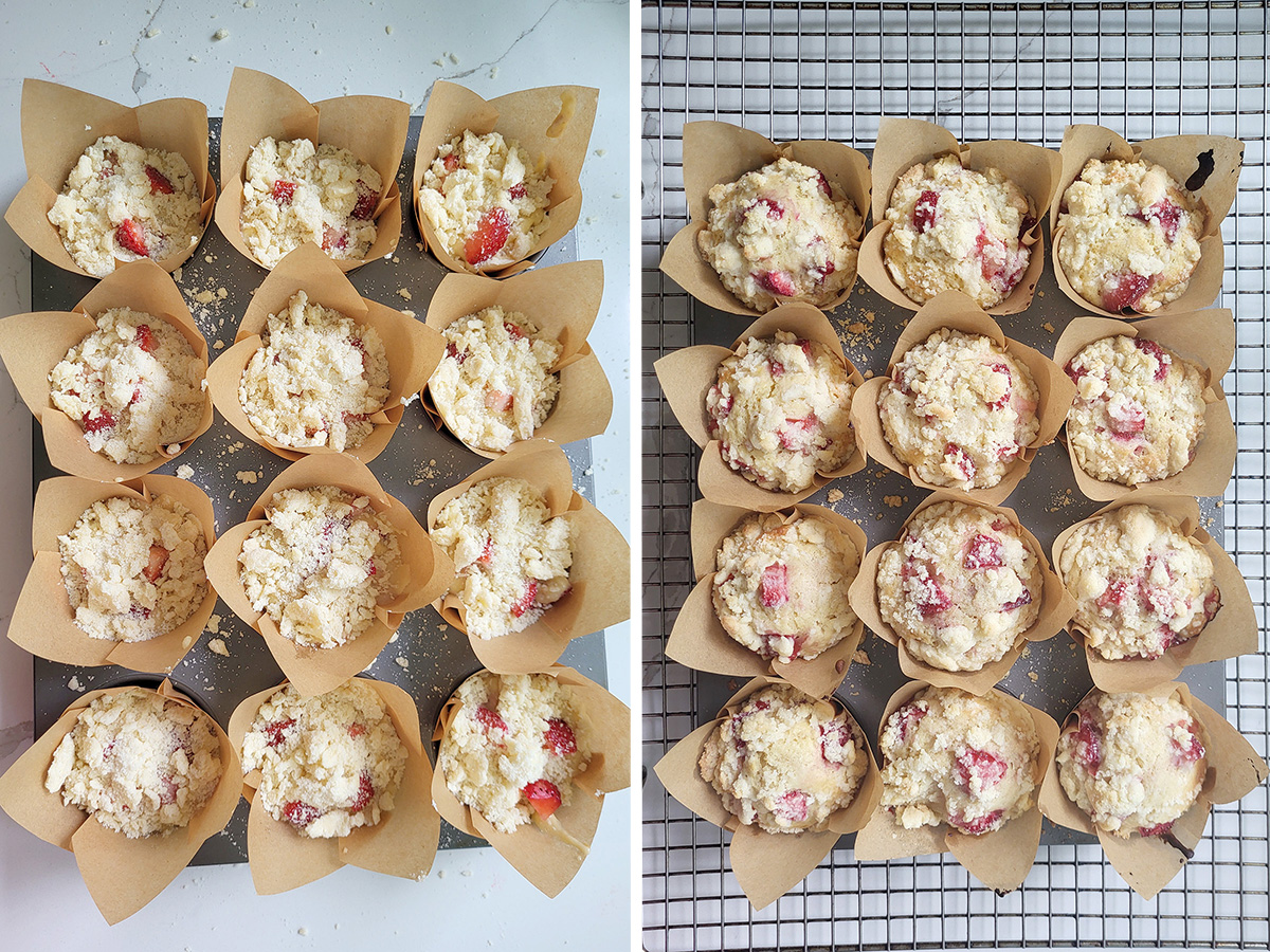 strawberry muffins before and after baking.