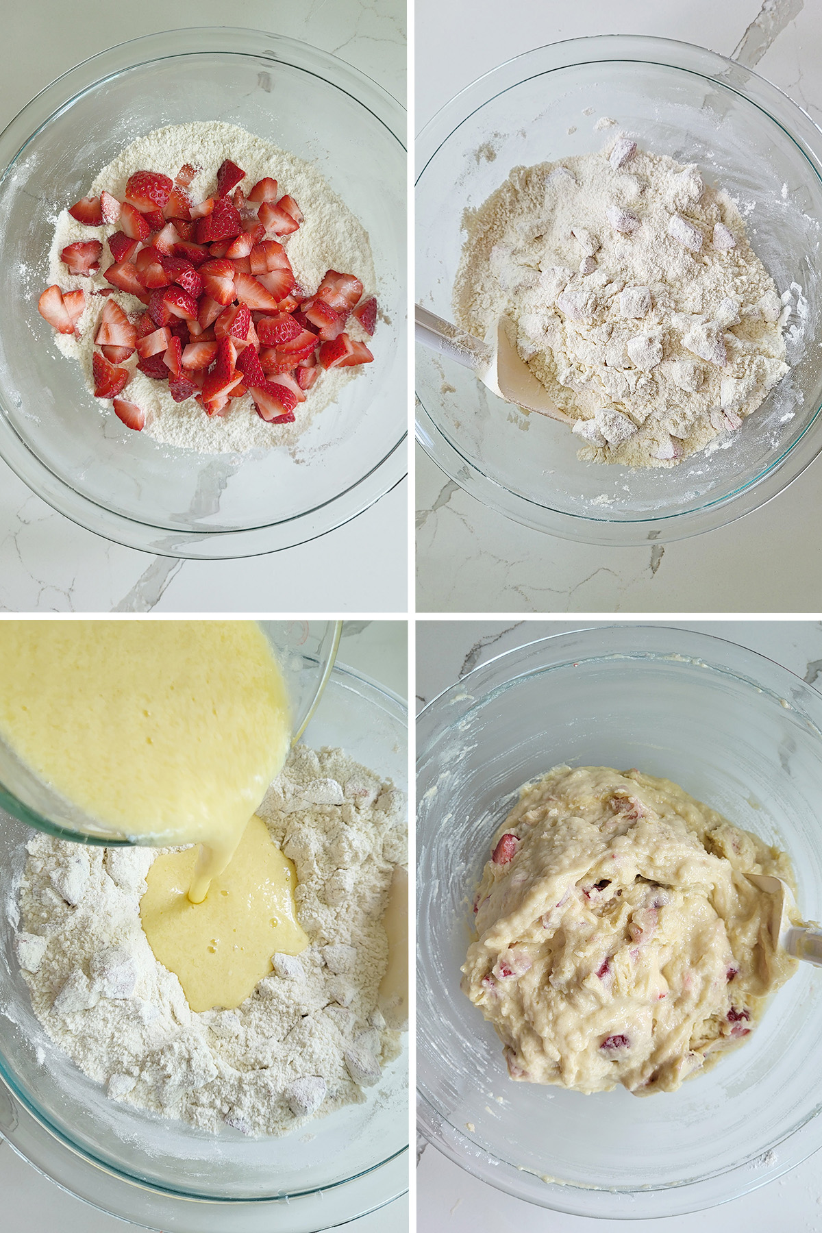 dry muffin ingredients and chopped strawberries in a glass bowl. Wet ingredients with muffin batter in a bowl.