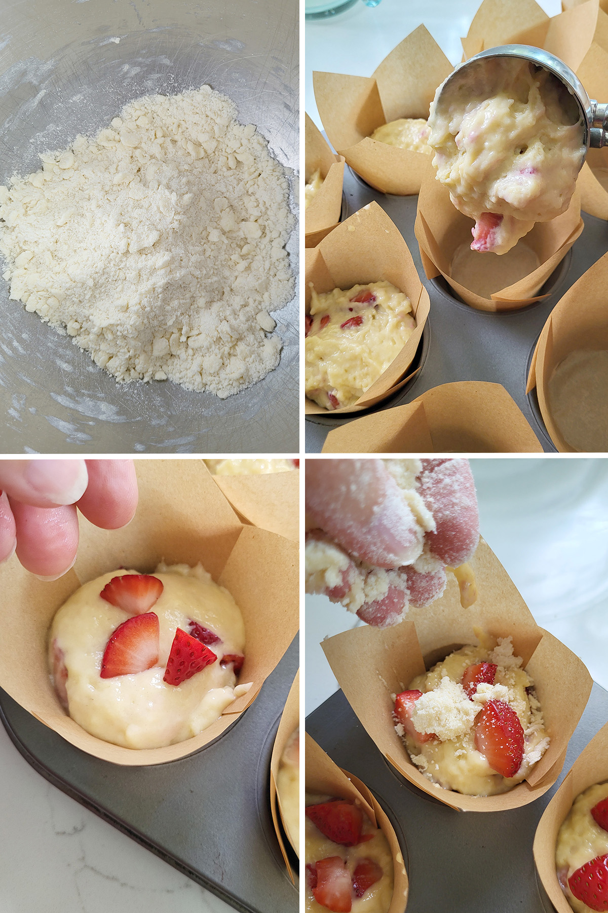 crumble muffin topping in a bowl. Strawberry muffin batter scooped into muffin pan.