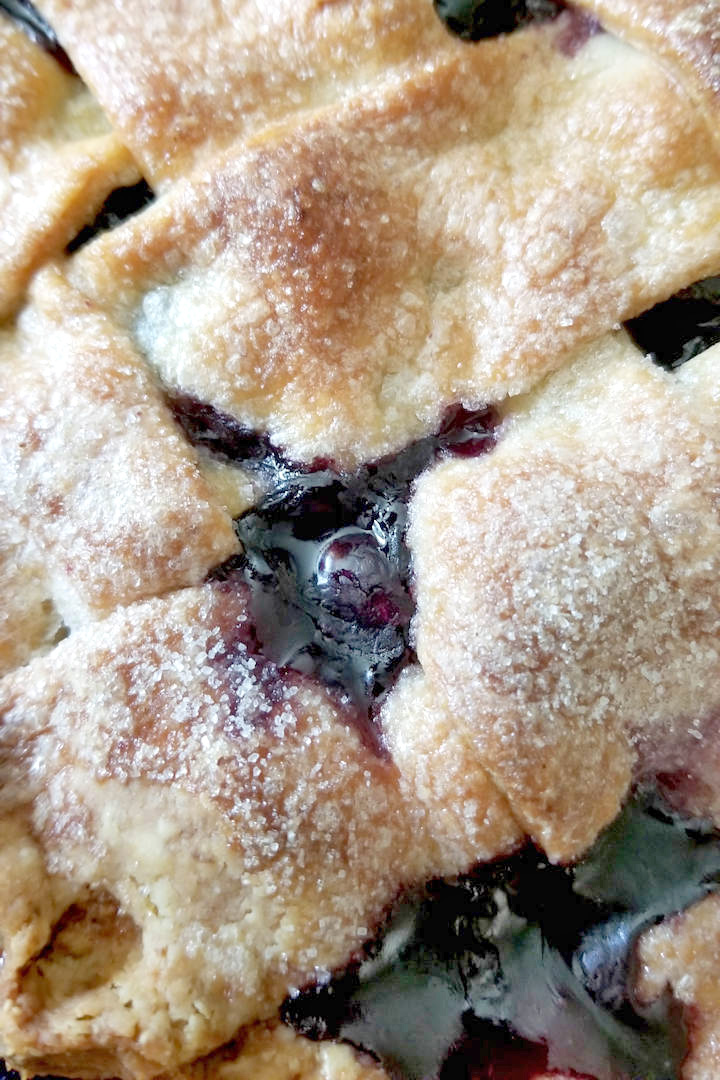 closeup shot of a blueberry pie baking.