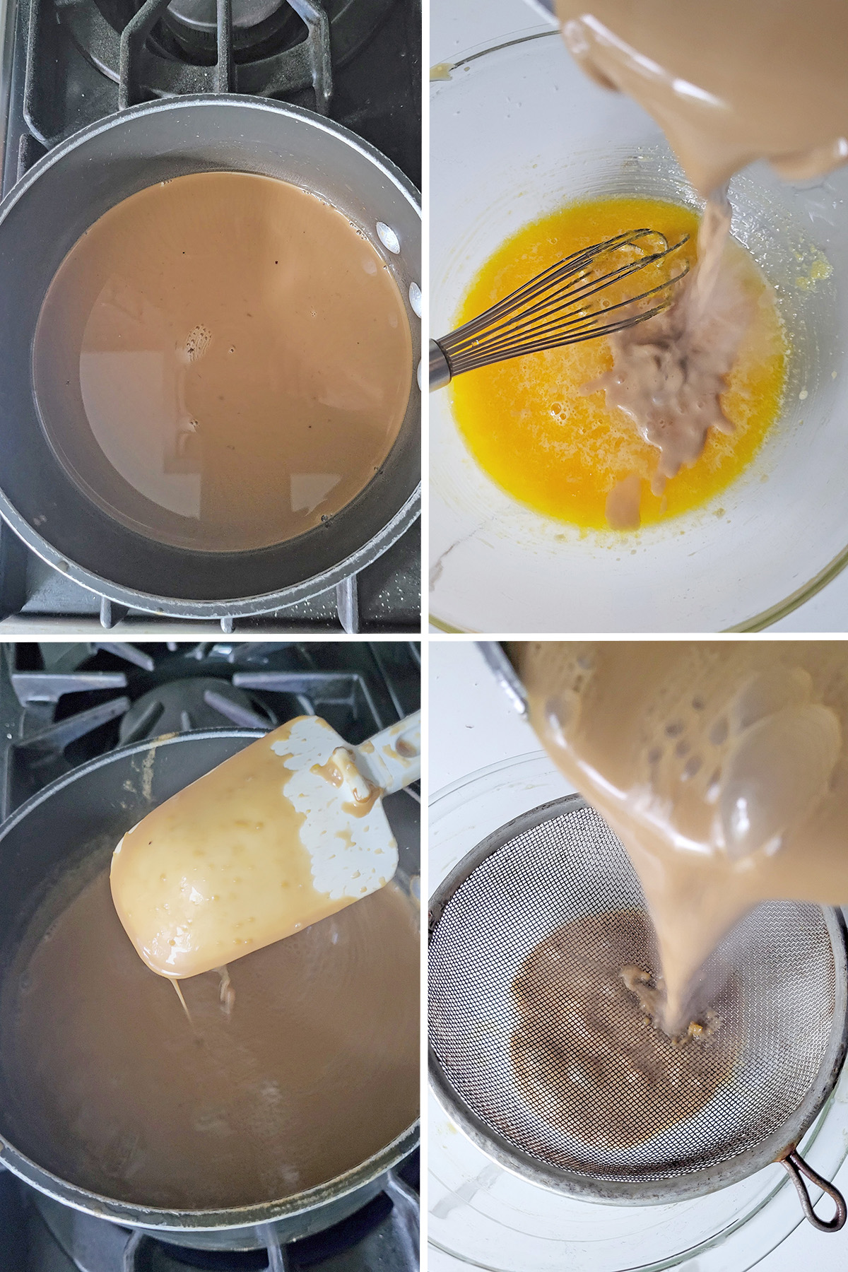 cofffee flavored milk and cream in a sauce pan. Hot cream added to yolks. Custard in a pot.