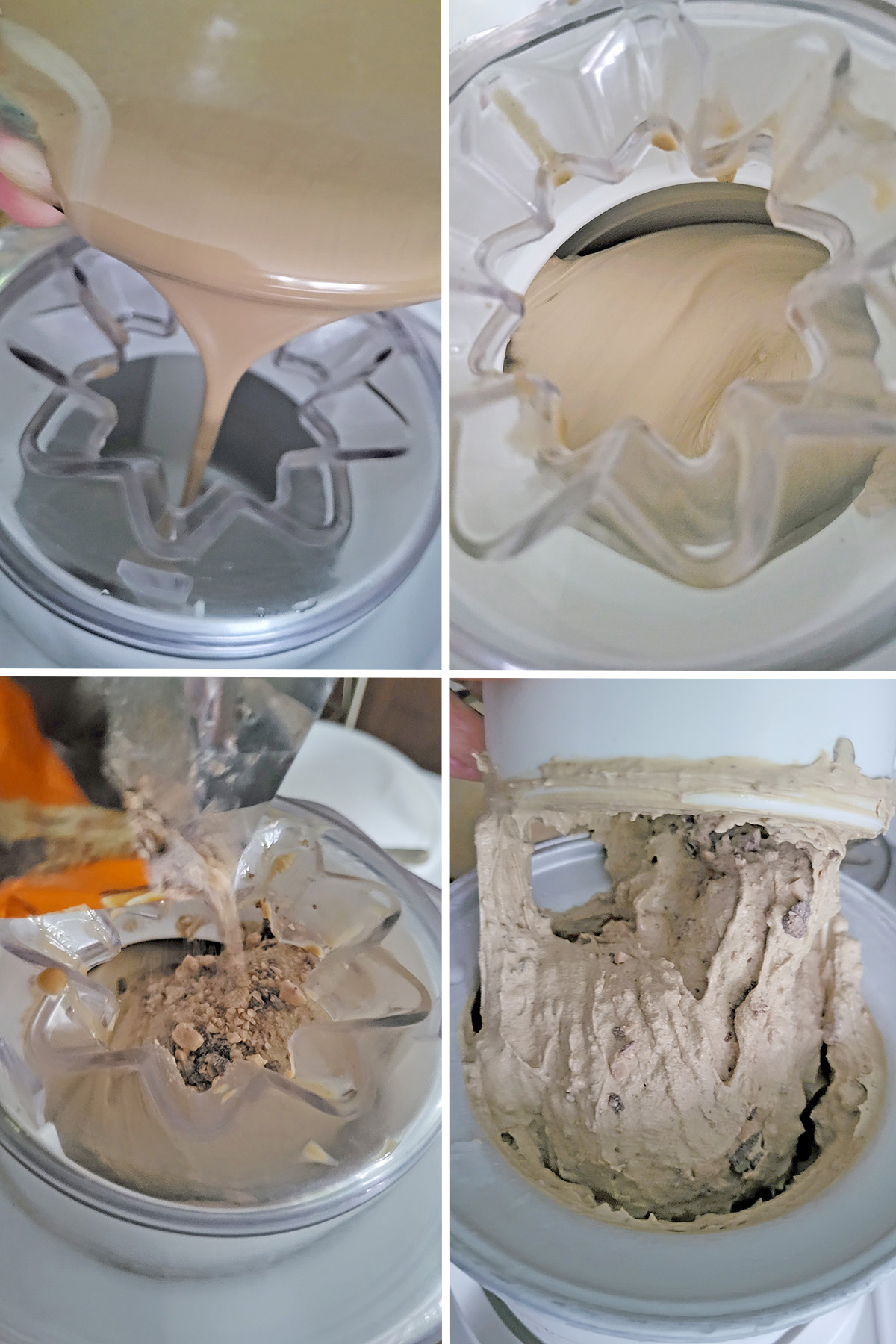 ice cream custard poured into an ice cream maker. Frozen ice cream scooped out of the maker.