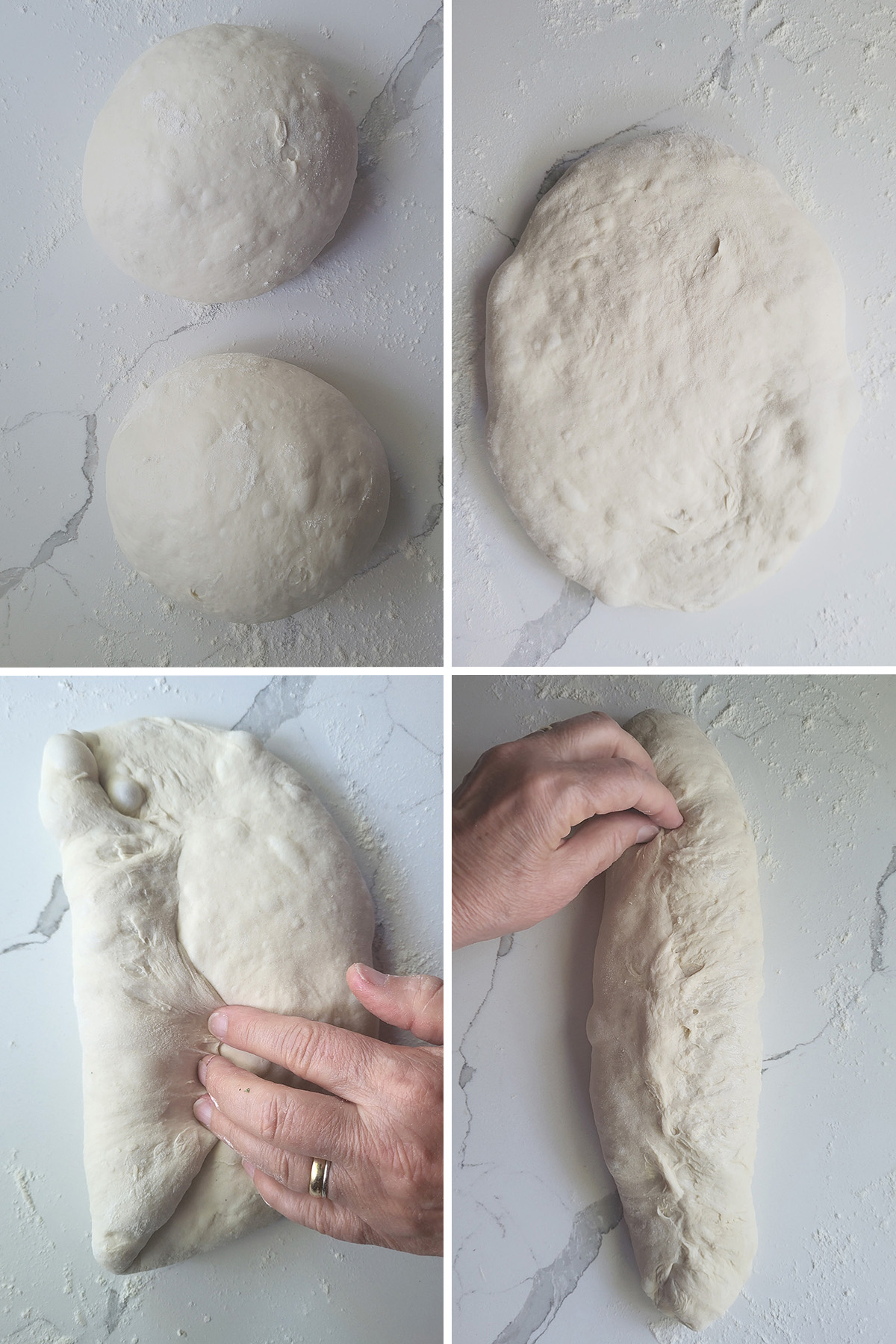 dough balls, dough oval, hand folding dough. hand pinching loaf of bread dough closed.