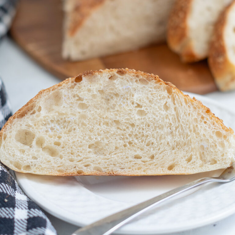 a slice of sourdough italian bread on a white plate.