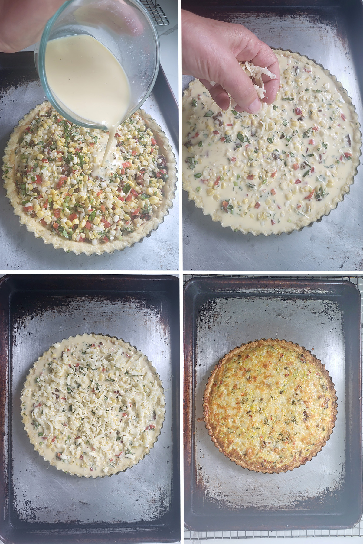 Custard pouring into a vegetable filled tart shell. Corn quiche before and after baking on a sheet pan.