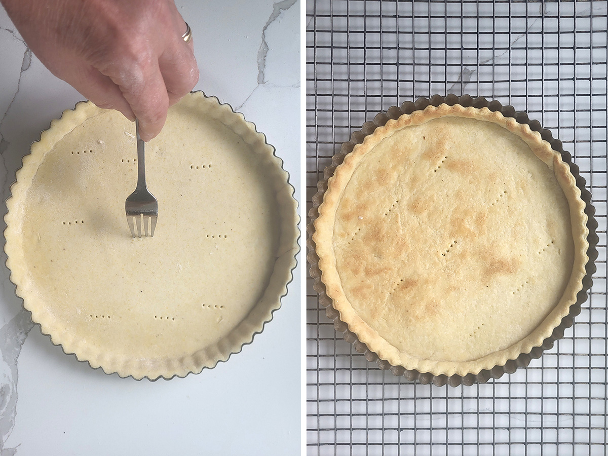 a cornmeal pie crust in a tart pan before and after baking. 