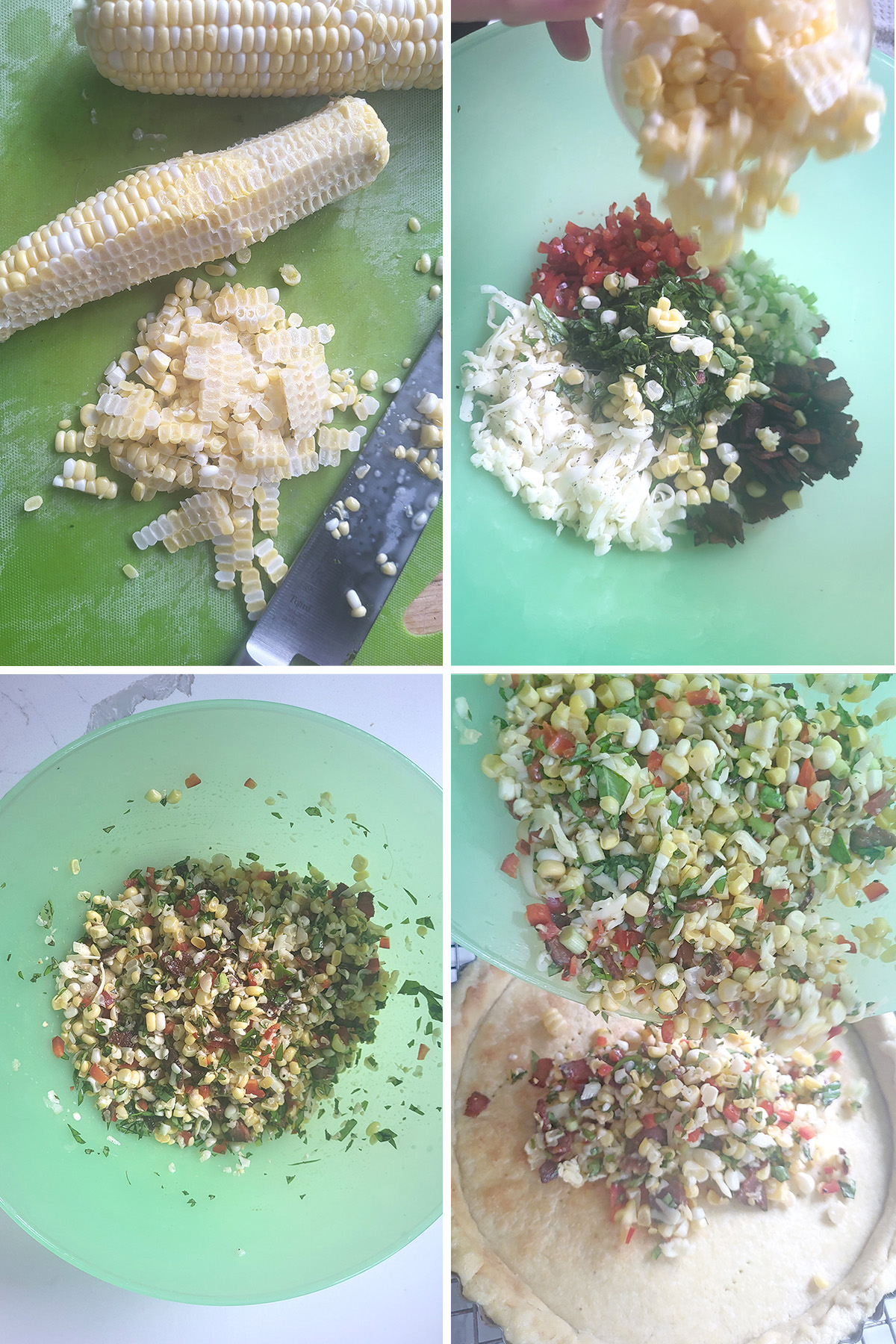 corn kernels, scallions, cheese, basil, jalapeno   combined in a green bowl. 