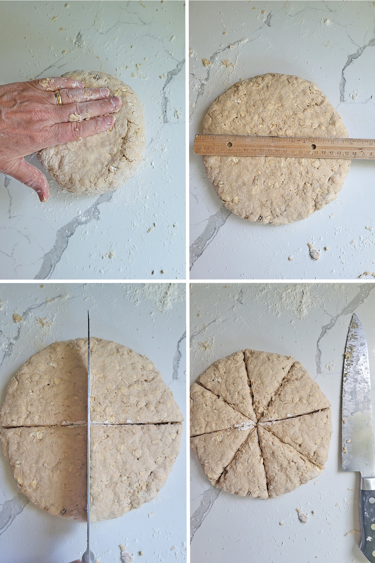 Dough in an 8" circle cut into wedges on a marble surface. 