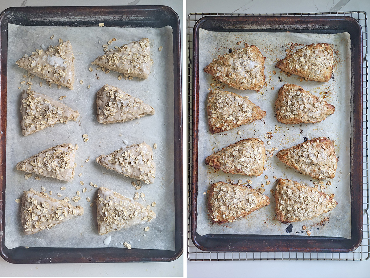 oatmeal scones on a baking tray before and after baking.