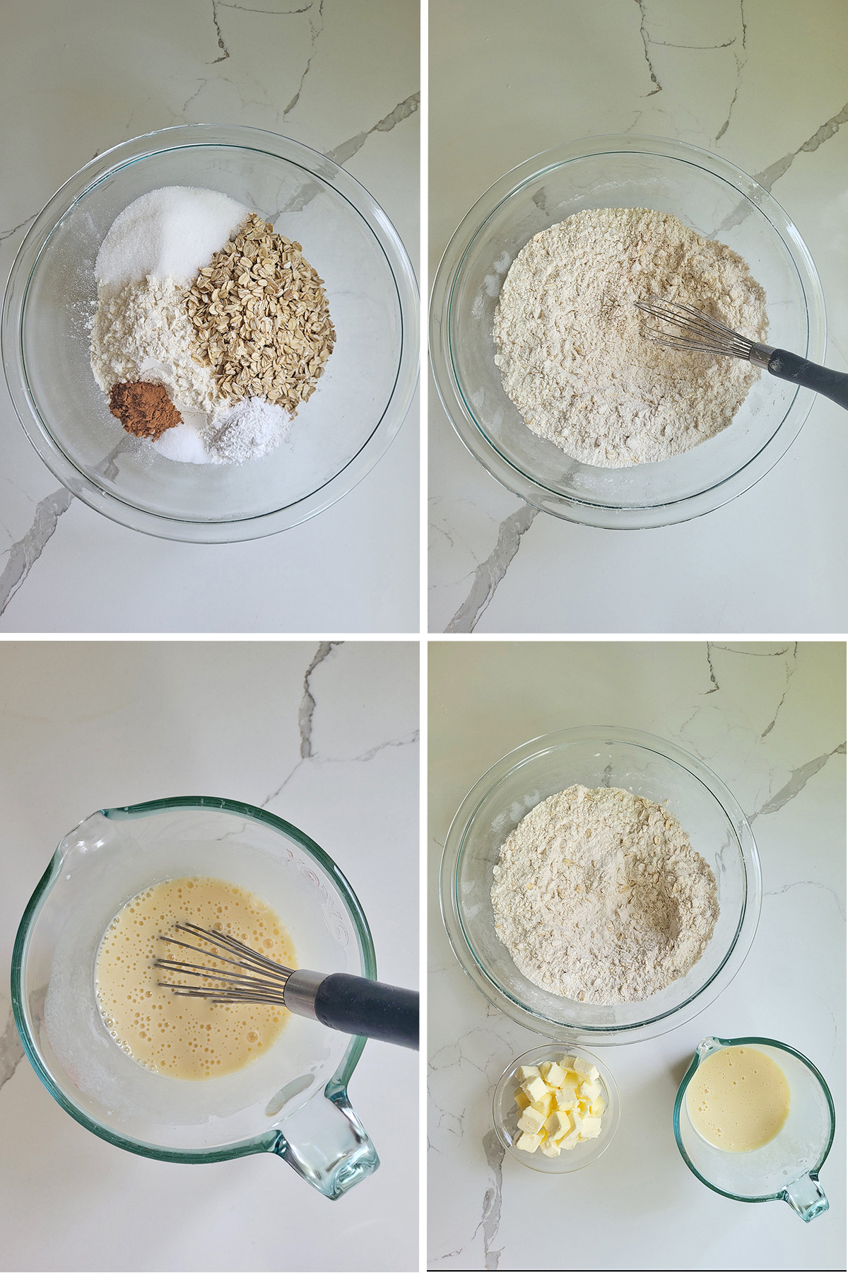 dry ingredients for oatmeal scones in a glass bowl. Wet ingredients in a glass cup. butter in a glass bowl.
