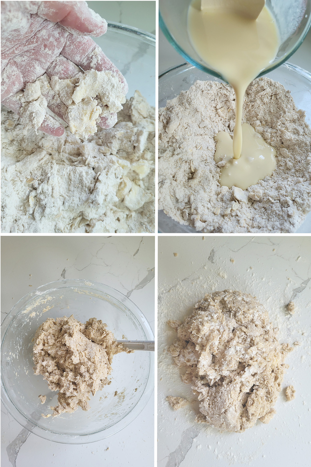 Butter in flakes in a bowl of flour. Egg mixture pouring into a bowl of flour. Dough in a glass bowl. 