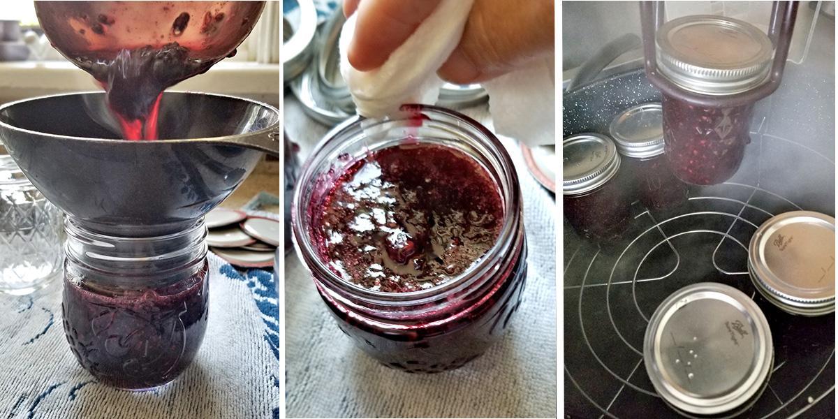 three photos showing how to can grape jam.