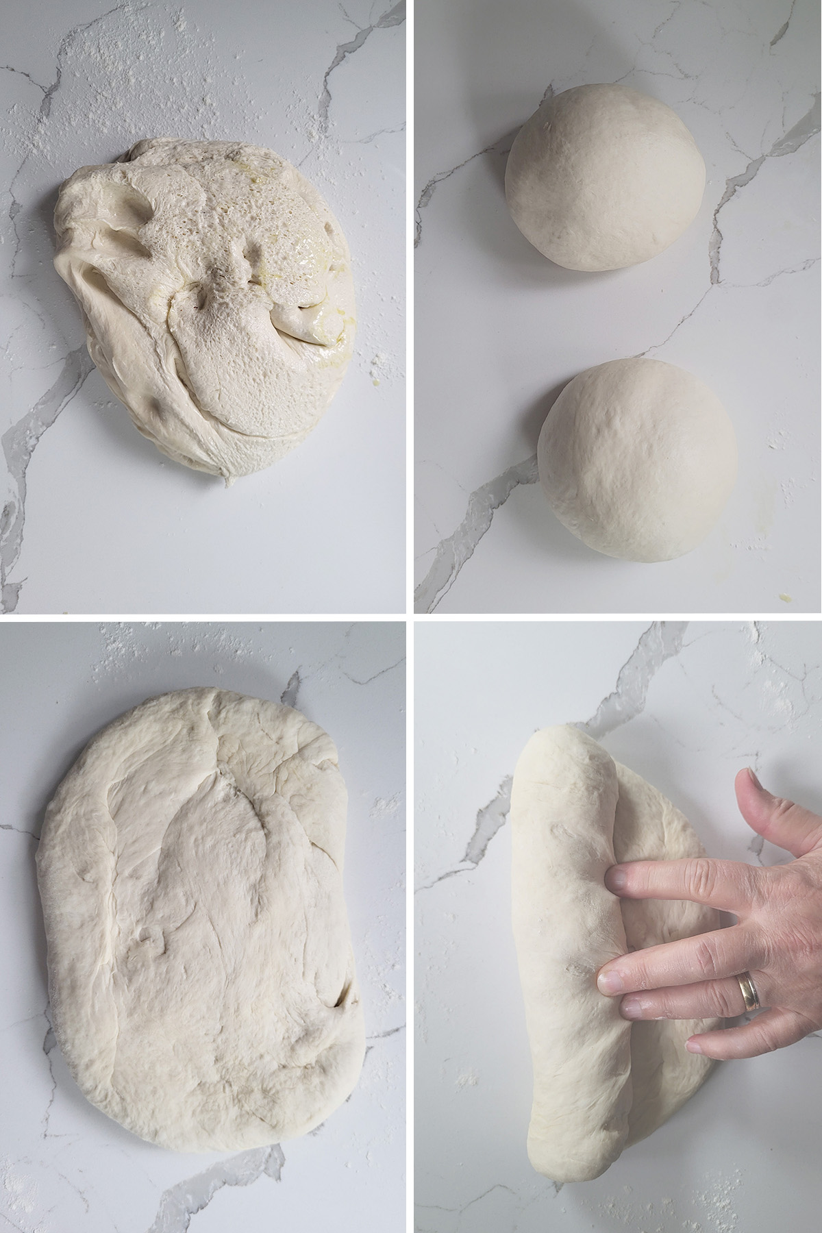 italian bread dough divided into balls and shaped into oval.