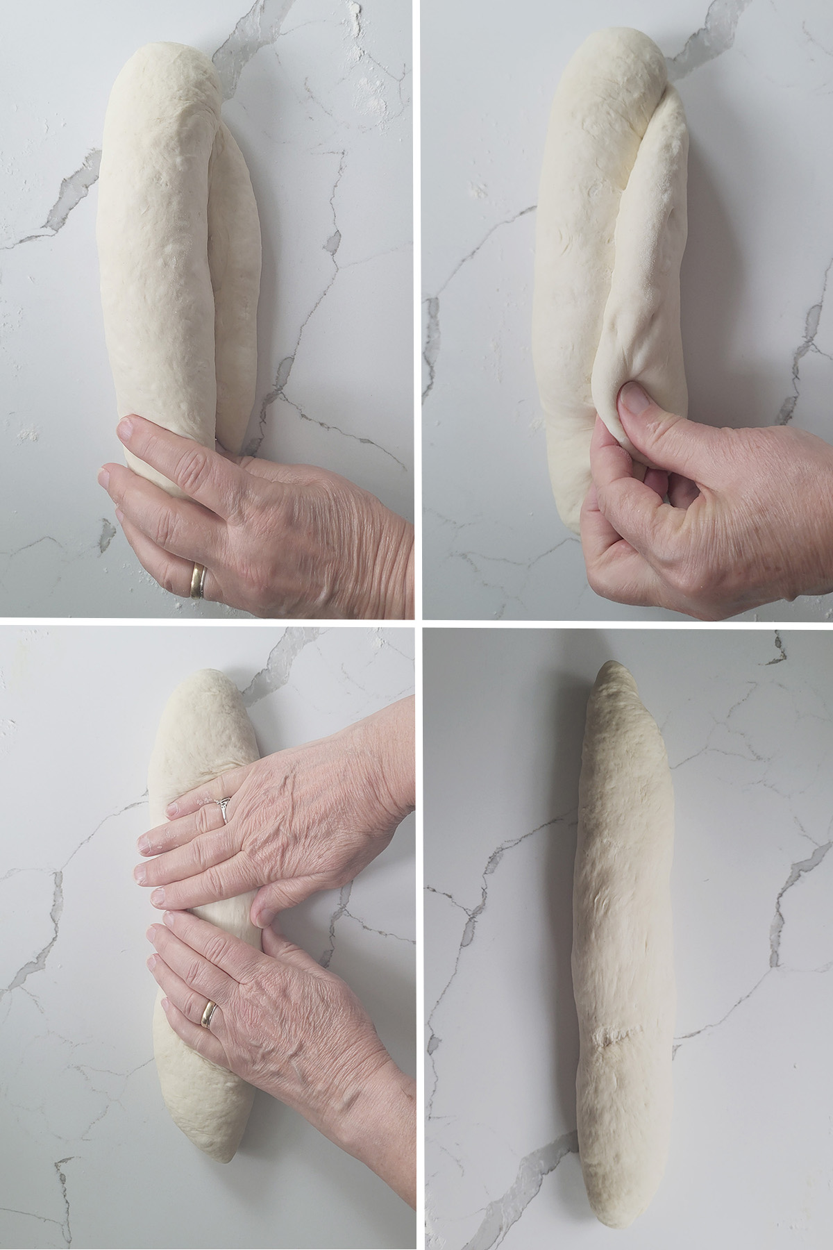 italian bread dough being rolled and shaped.