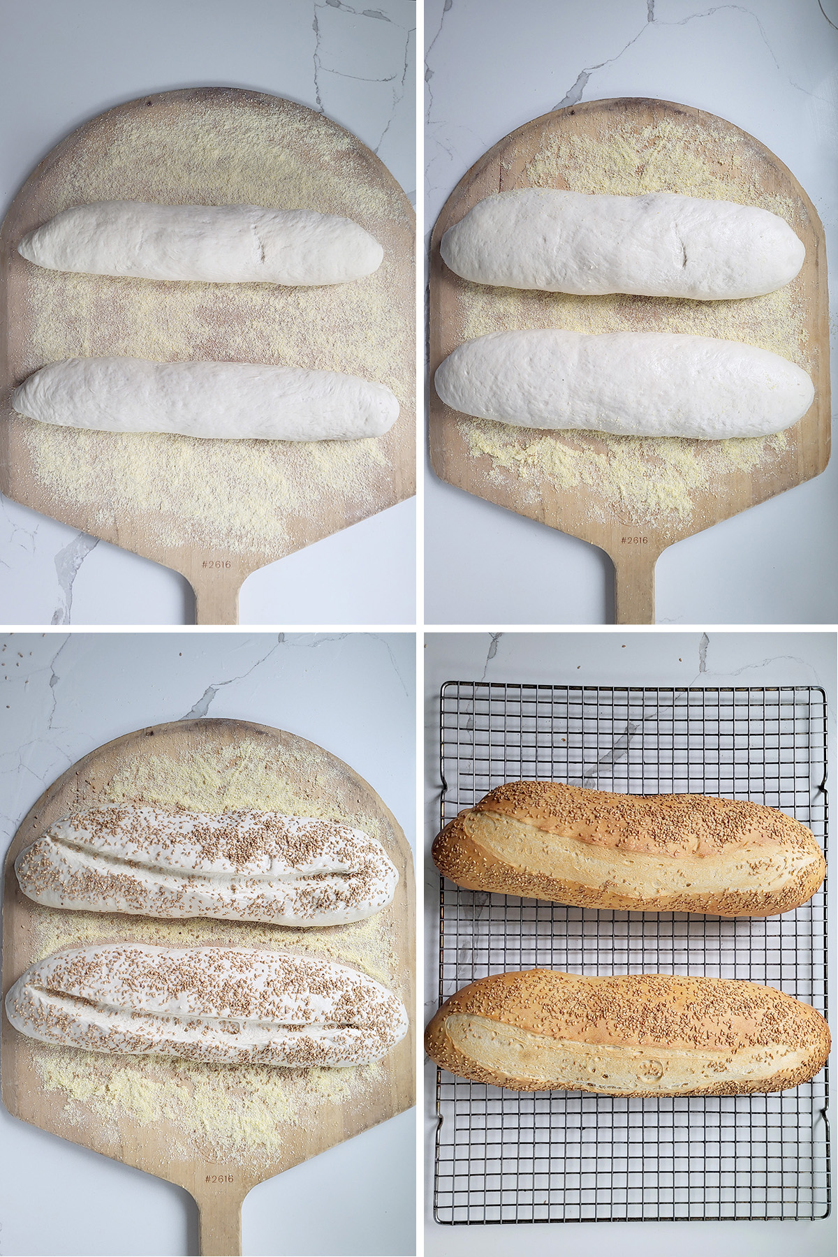 italian bread loaves before and after rising on a wooden peel and before and after baking.