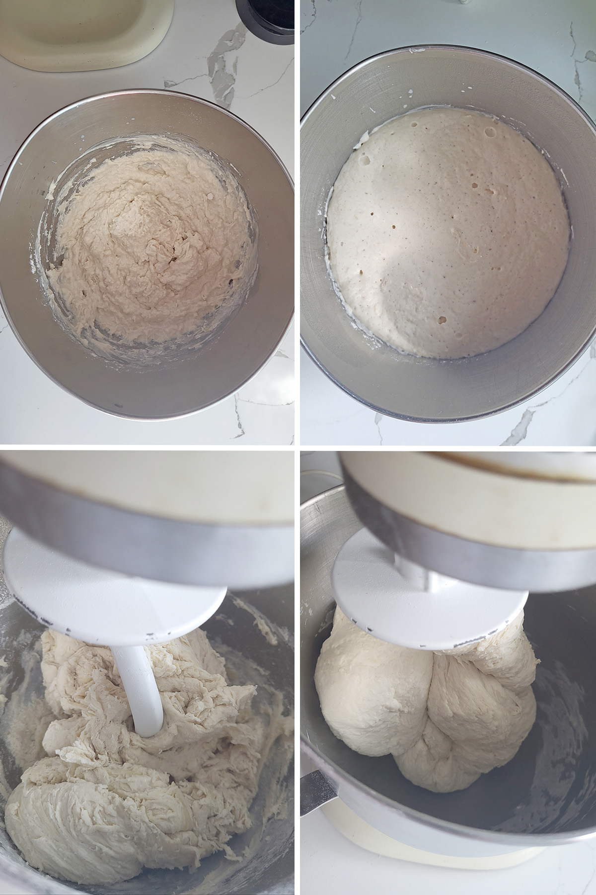 water, yeast and flour in a mixing bowl. Dough in a mixing bowl with kneading hook.