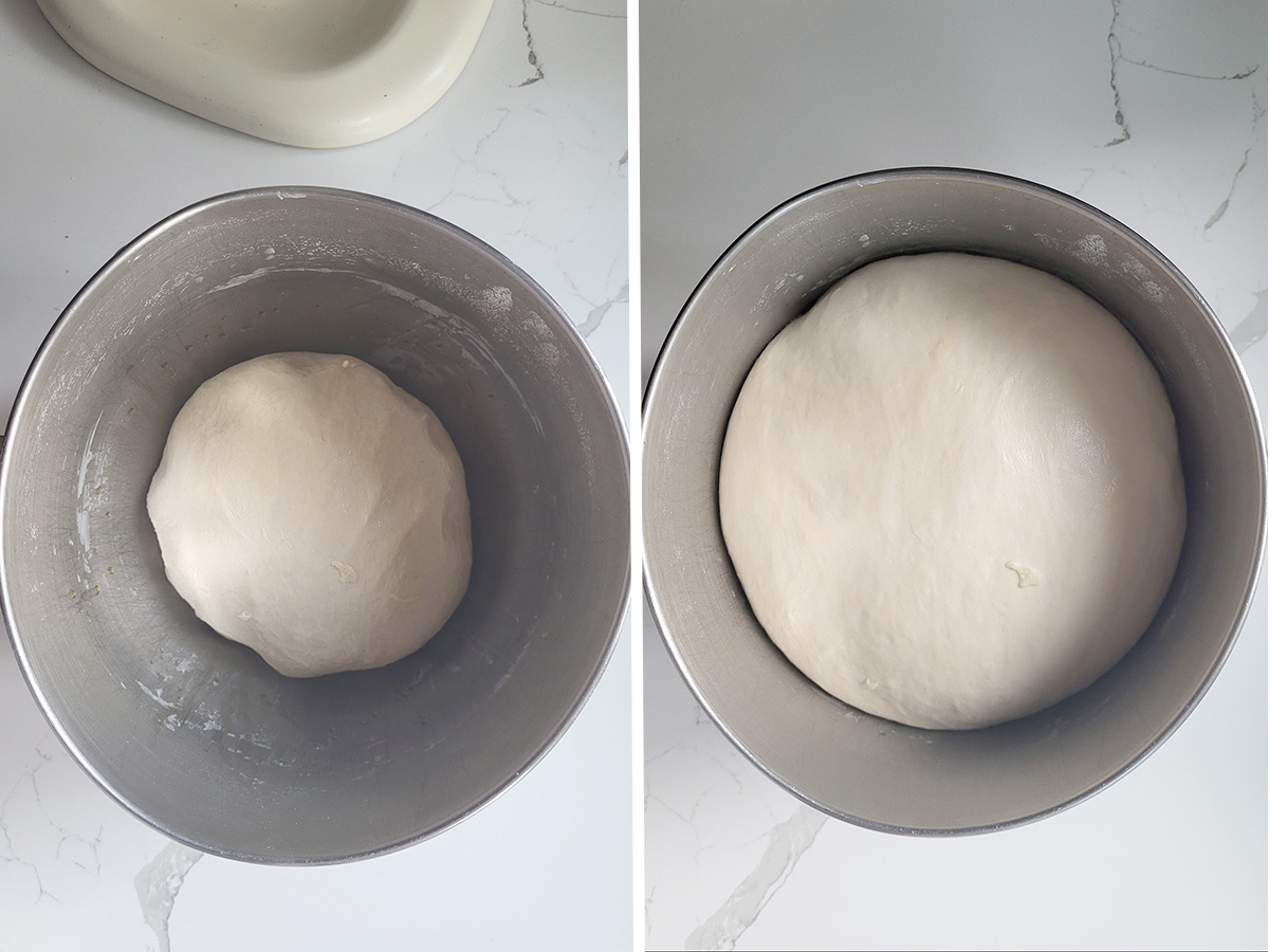 italian bread dough in a bowl before and after rising.