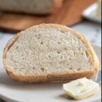a slice of italian bread and a pat of butter on a white plate.