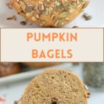 a pumpkin bagel on a plate and a cut bagel on a plate.