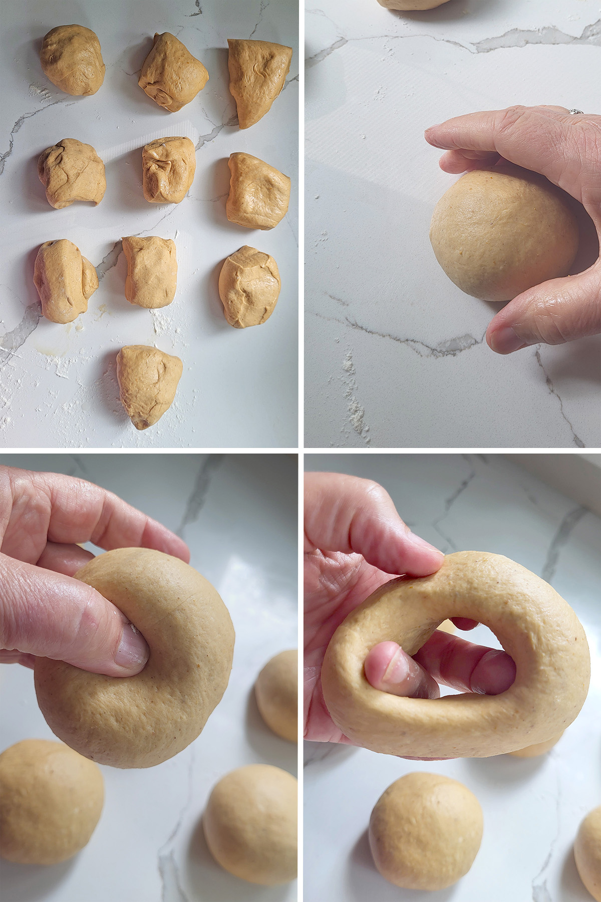 showing four stages of shaping pumpkin bagels from dough ball to ring.