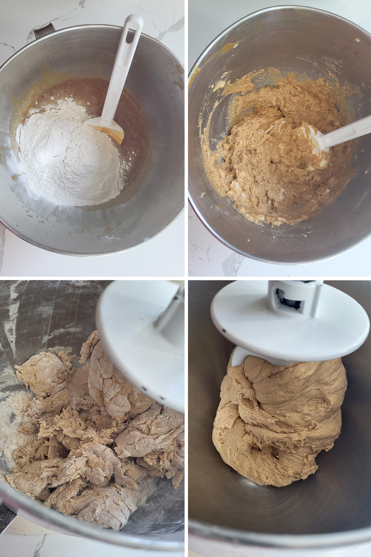 pumpkin bagel dough in a mixing bowl with dough hook,.