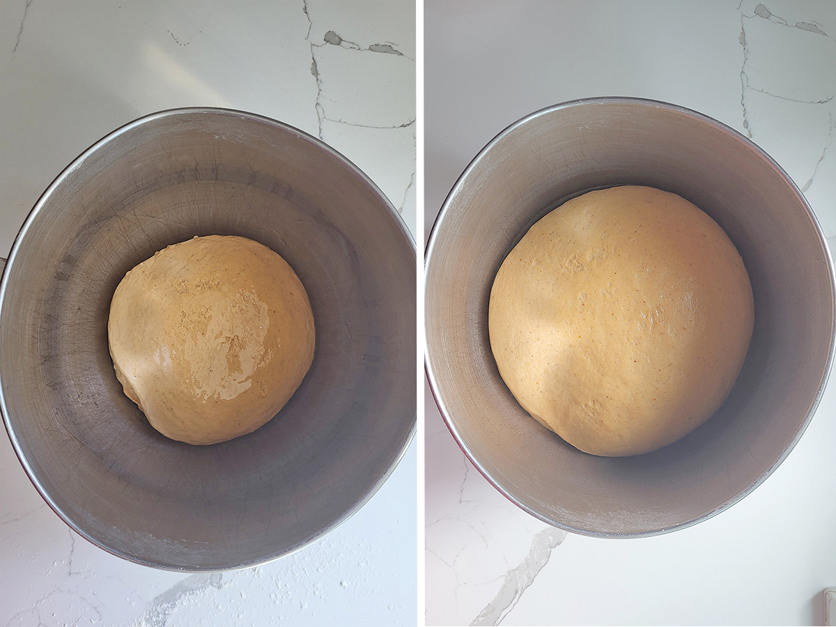 pumpkin bagel dough in a mixing bowl shown before and after rising.