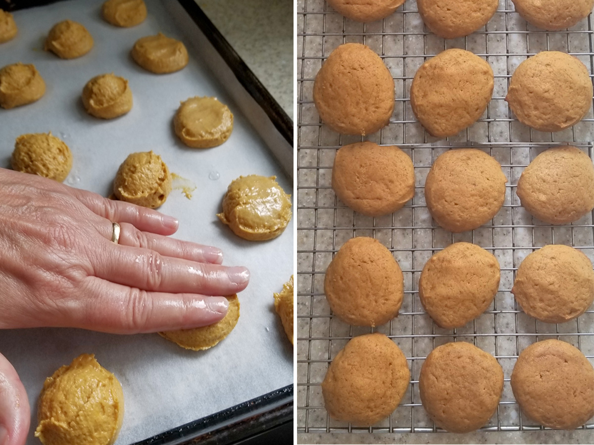 a hand pressing on cookie dough. Cookies cooling on a rack. 