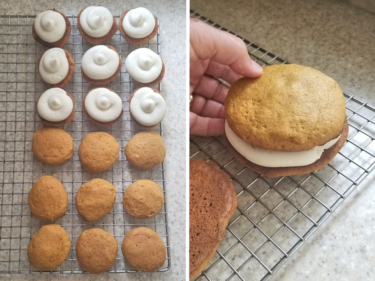whoopie pies on a rack with half covered in frosting. a whoopie pie sandwiched. 