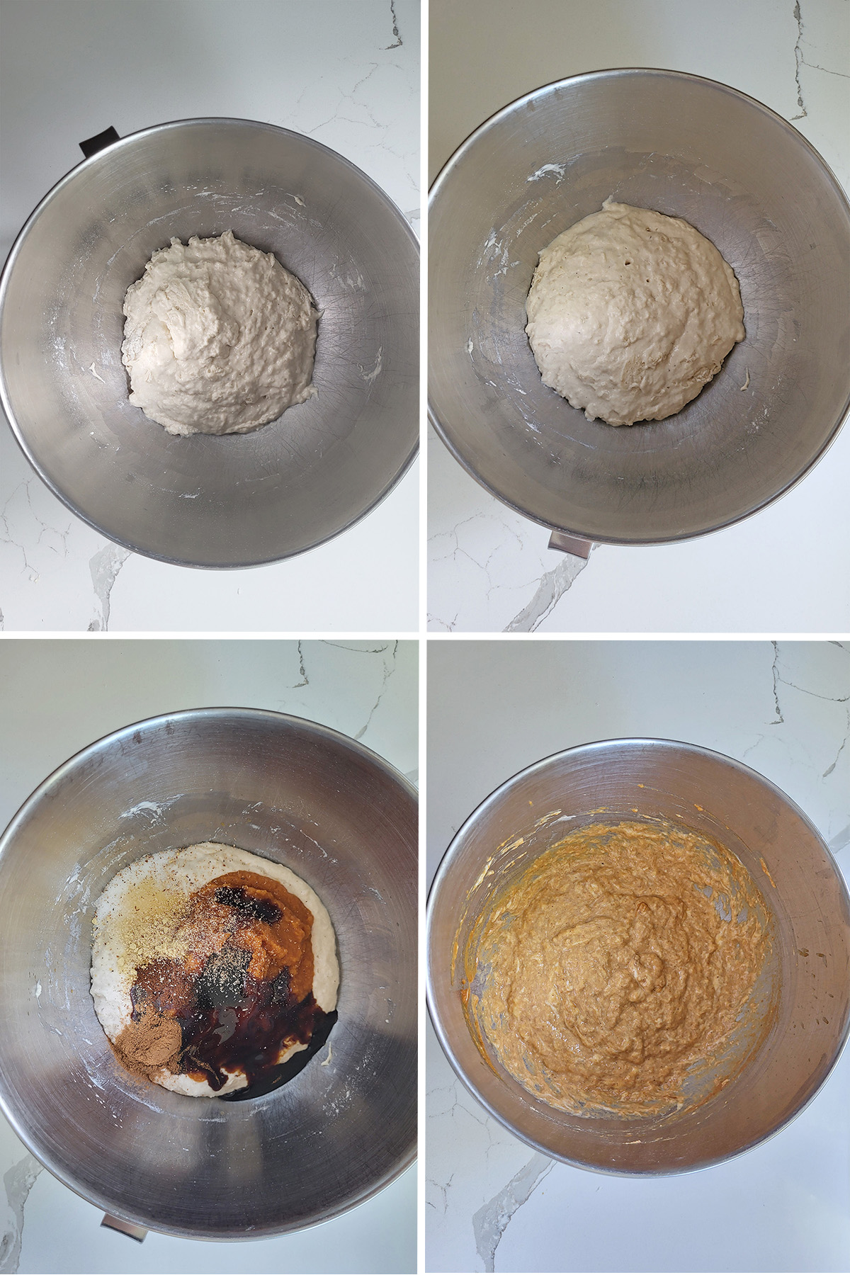 sourdough starter in a mixing bowl. ingredients for sourdough pumpkin bagels in a mixing bowl.