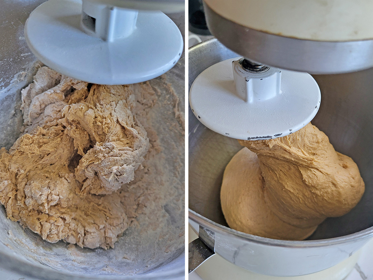 sourdough pumpkin bagel dough in a mixer with a dough hook.