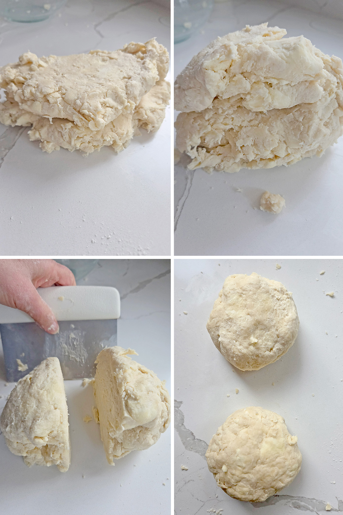 Pie dough folded in half and folded again to stack layers, divided with a bench scraper, and shaped into two discs.