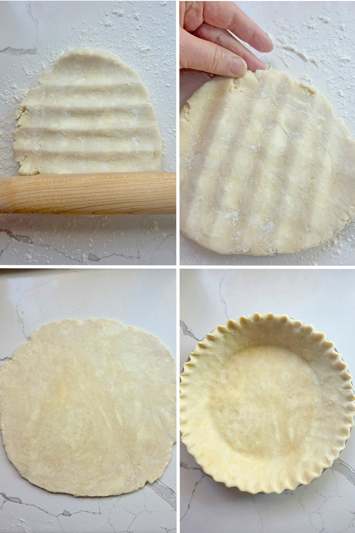 All butter pie crust dough pressed with a rolling pin, rolled into a thin circle, and fitted into a pie plate with a crimped edge.
